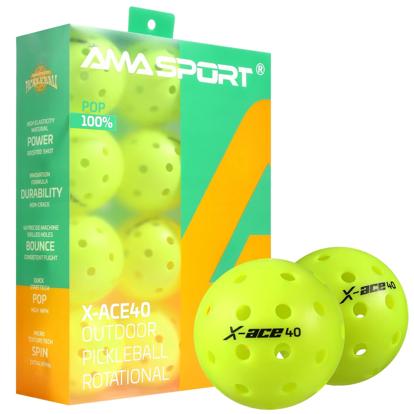 AMA Sport X-ACE Pickleballs 40 Hole Outdoor Pickleball Balls Crack Resistant