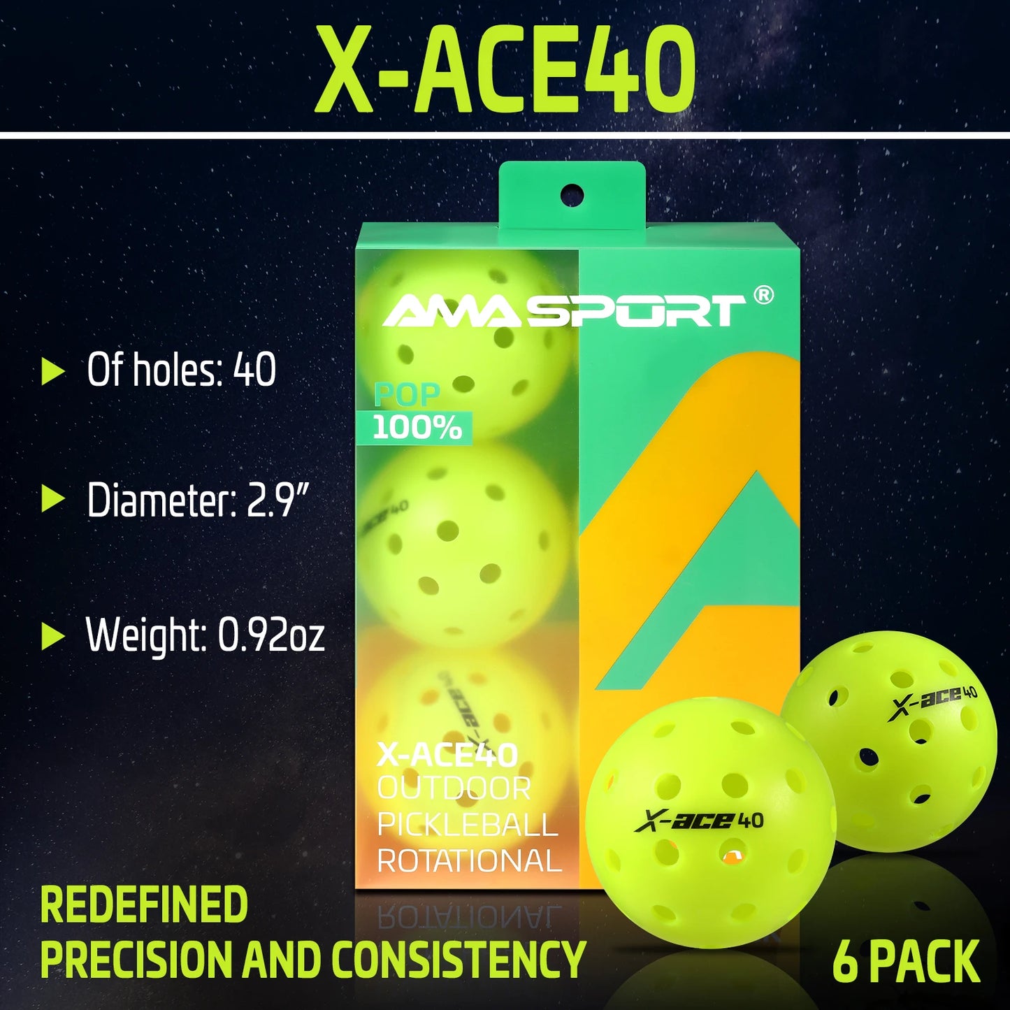 AMA Sport X-ACE Pickleballs 40 Hole Outdoor Pickleball Balls Crack Resistant