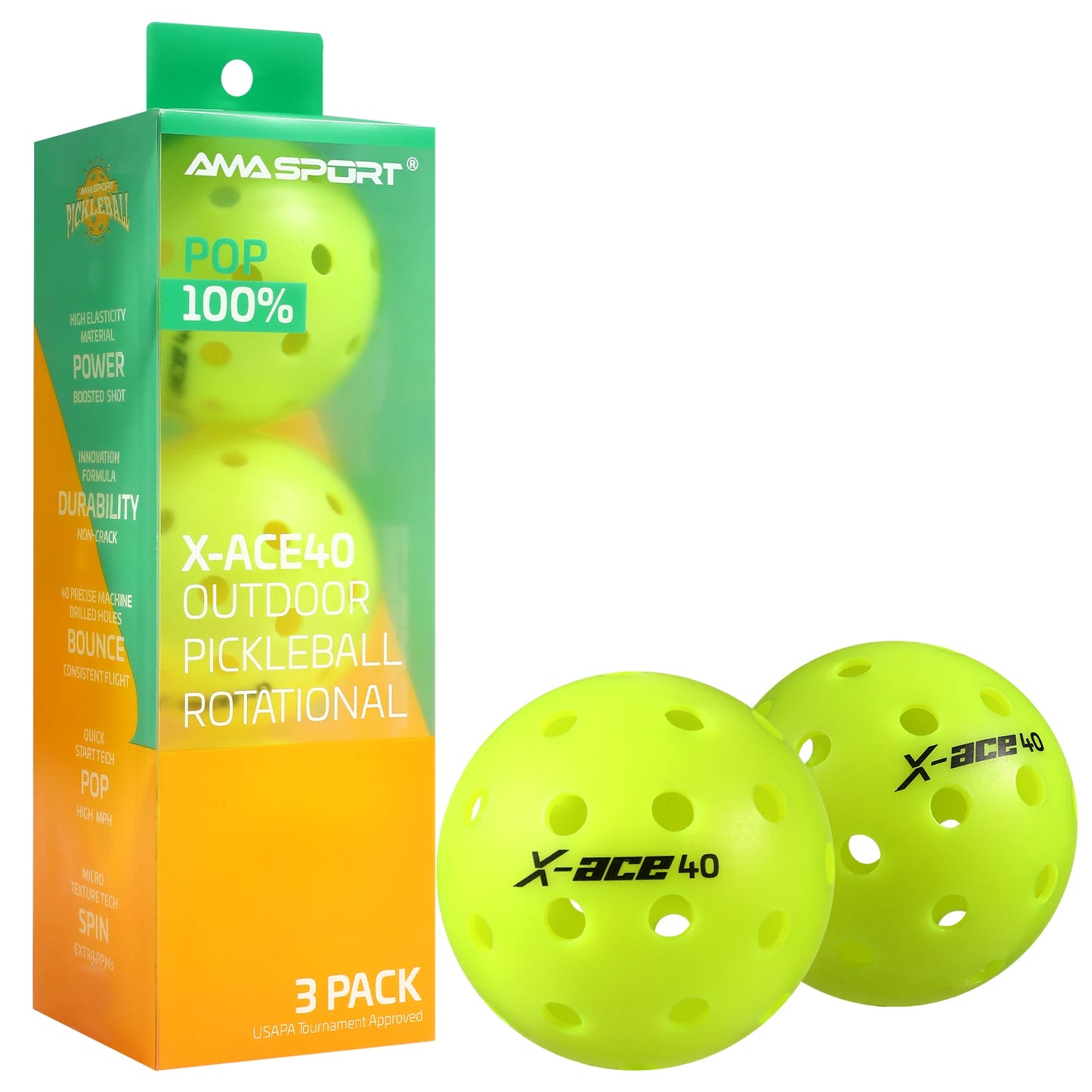 AMA Sport X-ACE Pickleballs 40 Hole Outdoor Pickleball Balls Crack Resistant
