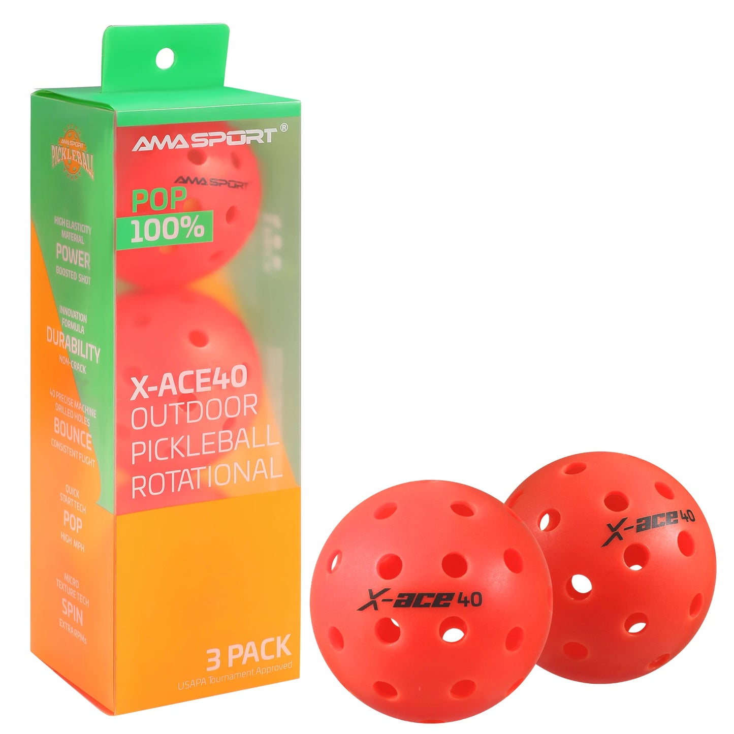 AMA Sport X-ACE Pickleballs 40 Hole Outdoor Pickleball Balls Crack Resistant