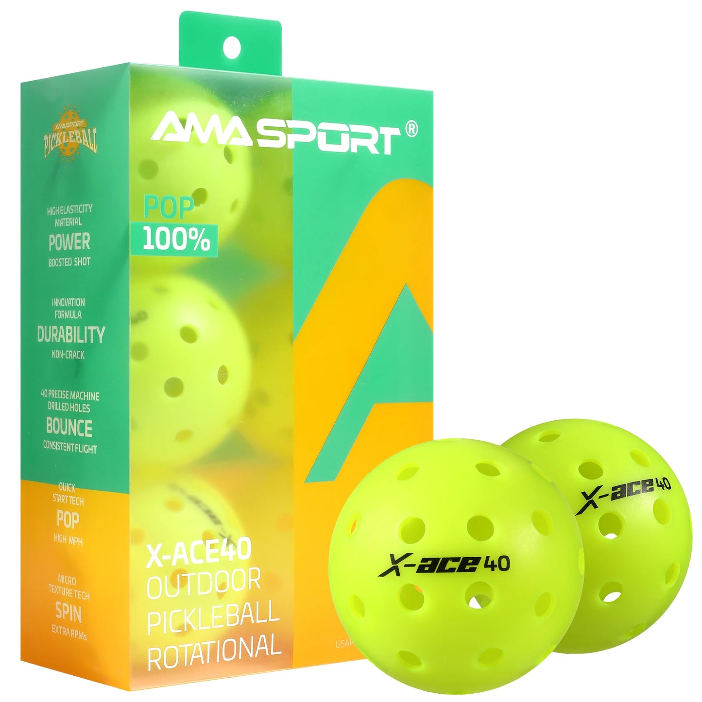 AMA Sport X-ACE Pickleballs 40 Hole Outdoor Pickleball Balls Crack Resistant
