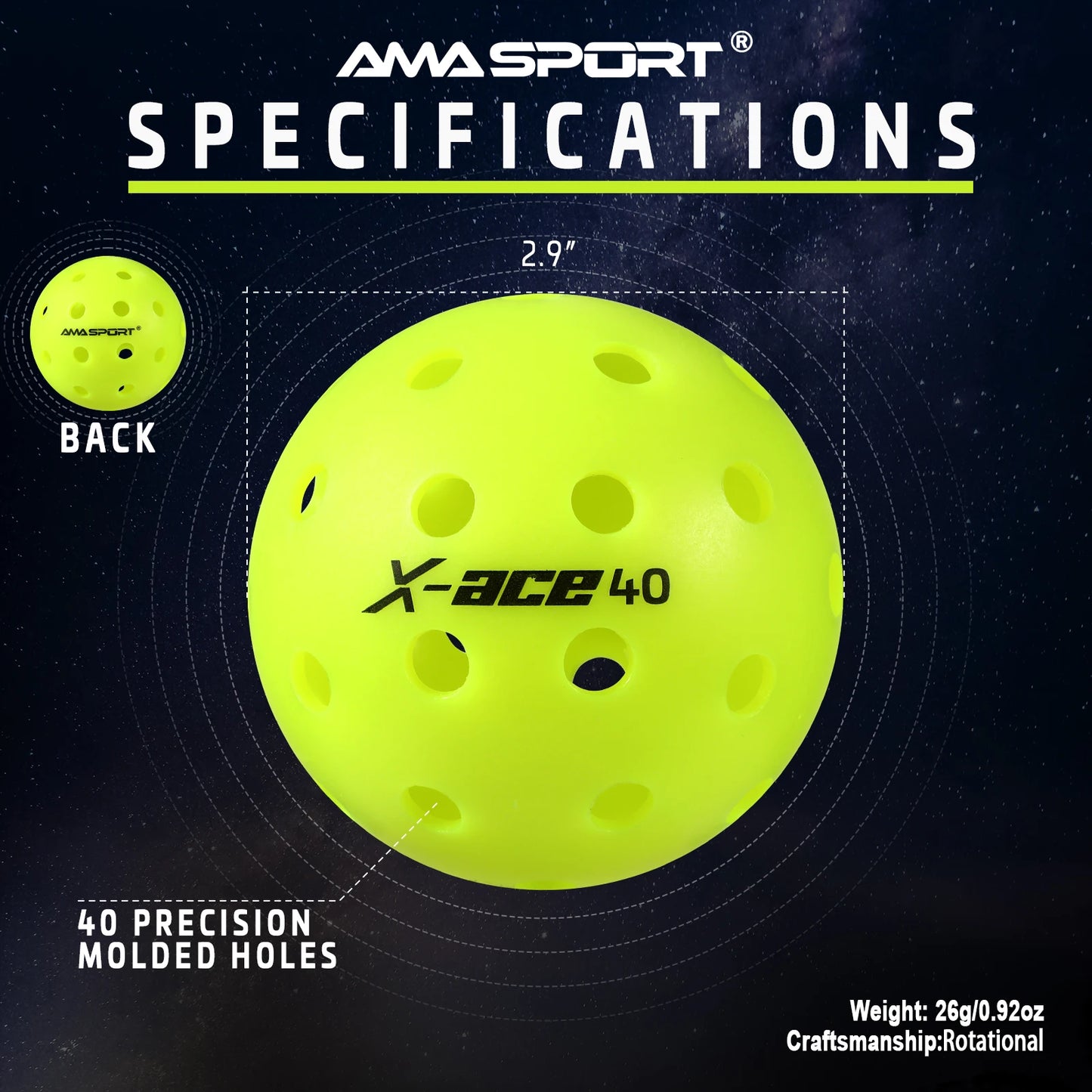 AMA Sport X-ACE Pickleballs 40 Hole Outdoor Pickleball Balls Crack Resistant