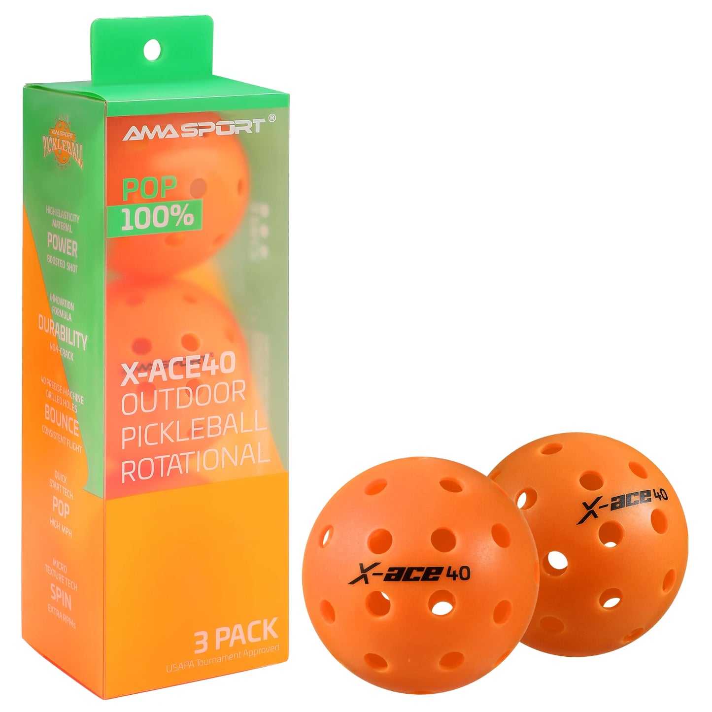 AMA Sport X-ACE Pickleballs 40 Hole Outdoor Pickleball Balls Crack Resistant