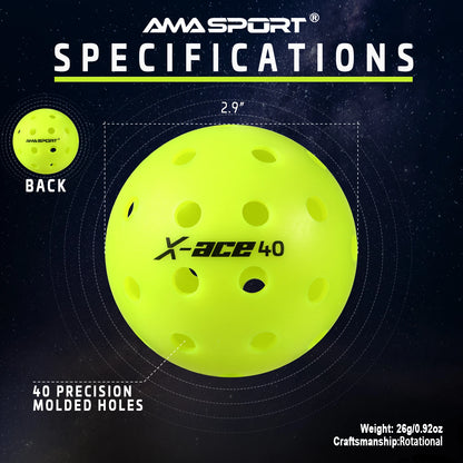 AMA Sport X-ACE Pickleballs 40 Hole Outdoor Pickleball Balls Crack Resistant